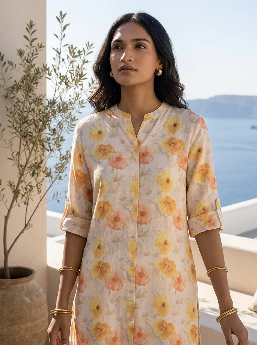 Cream And Lime Yellow Floral Linen Printed Kurta - Image 3