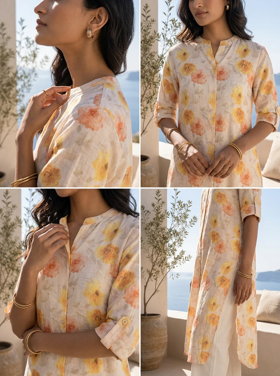 Cream And Lime Yellow Floral Linen Printed Kurta - Image 4
