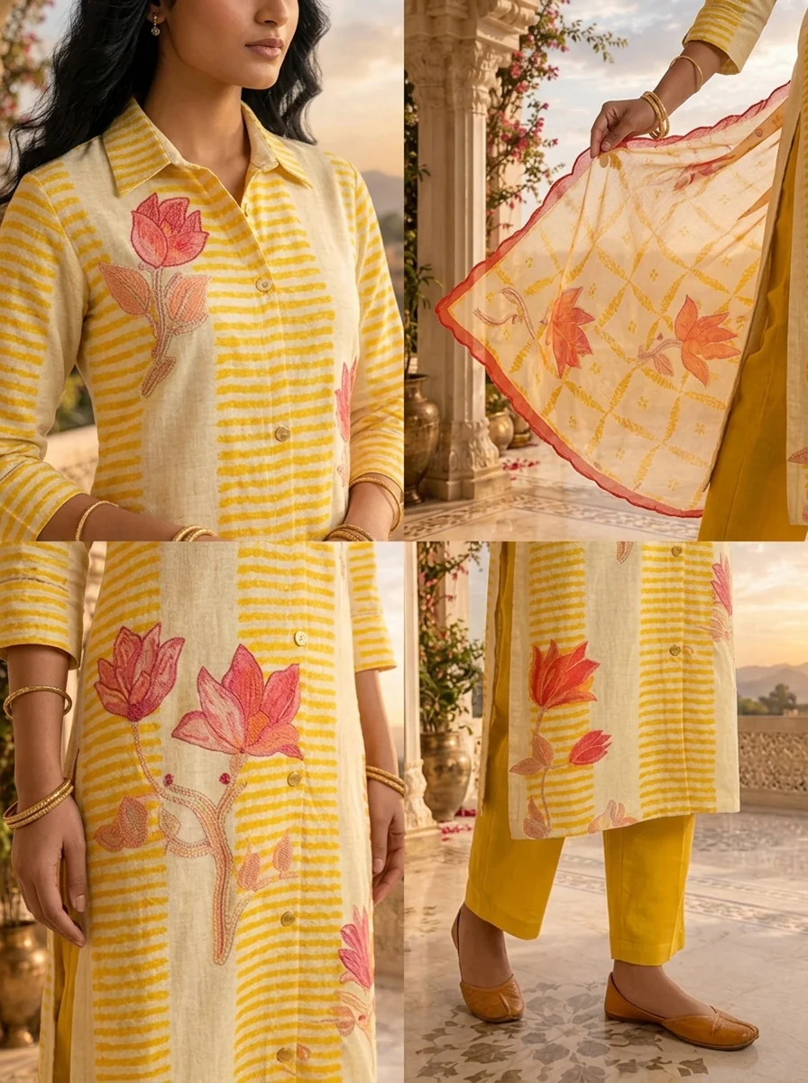 Cream And Mustard Linen Striped Floral Printed Three Piece Set - Image 5