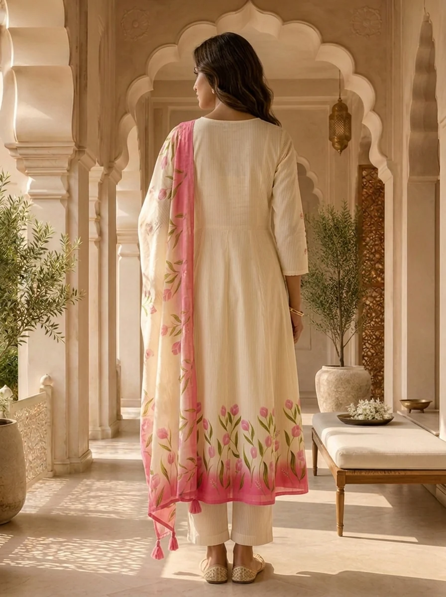 Cream And Pink Stripe Printed And Floral Thread Embroidery Three Piece Set - Image 2