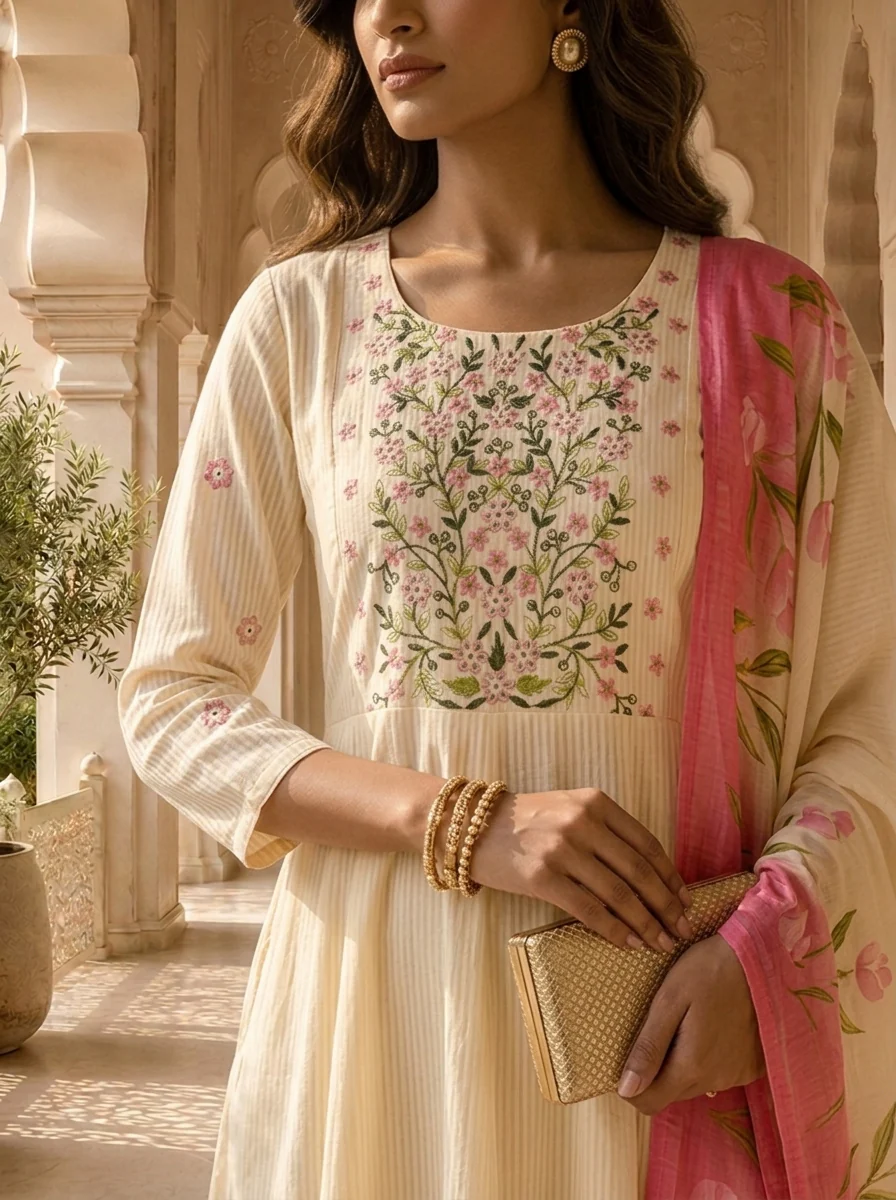 Cream And Pink Stripe Printed And Floral Thread Embroidery Three Piece Set - Image 4