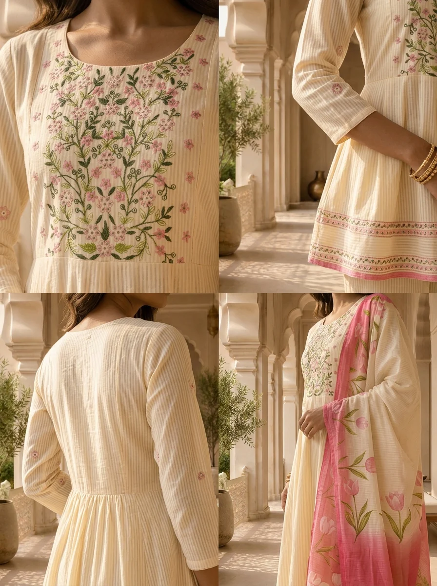 Cream And Pink Stripe Printed And Floral Thread Embroidery Three Piece Set - Image 5