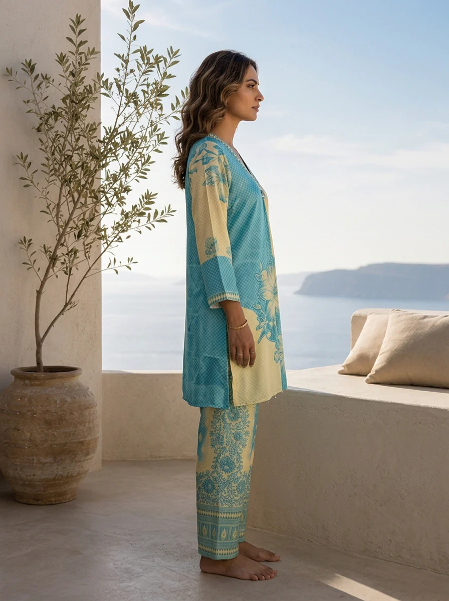 Cream And Sky Blue Beads Embroidered And Floral Printed Crepe Two Piece Set - Image 3