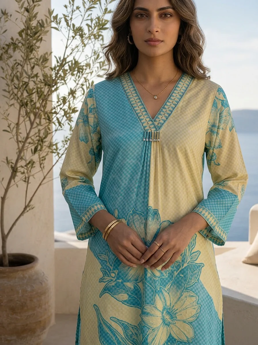 Cream And Sky Blue Beads Embroidered And Floral Printed Crepe Two Piece Set - Image 4