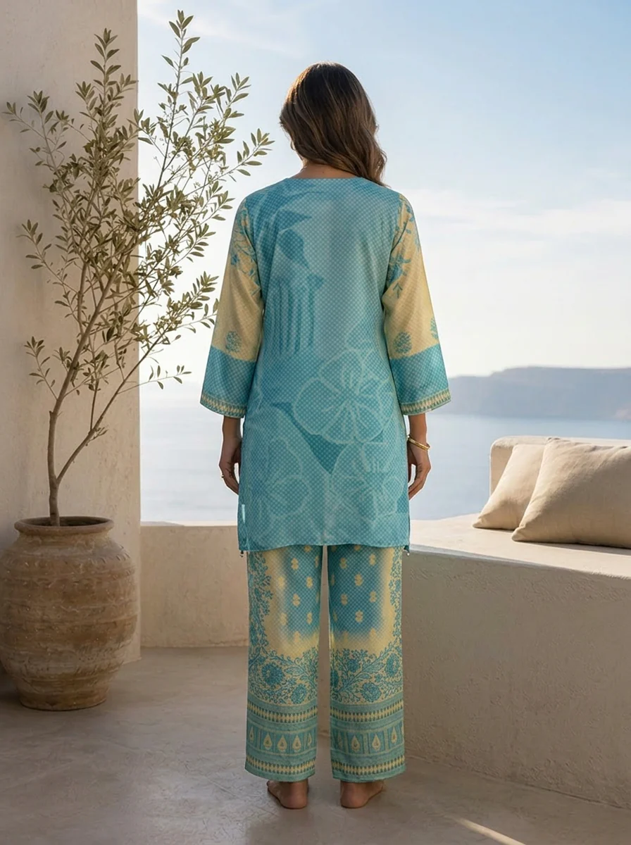Cream And Sky Blue Beads Embroidered And Floral Printed Crepe Two Piece Set - Image 5
