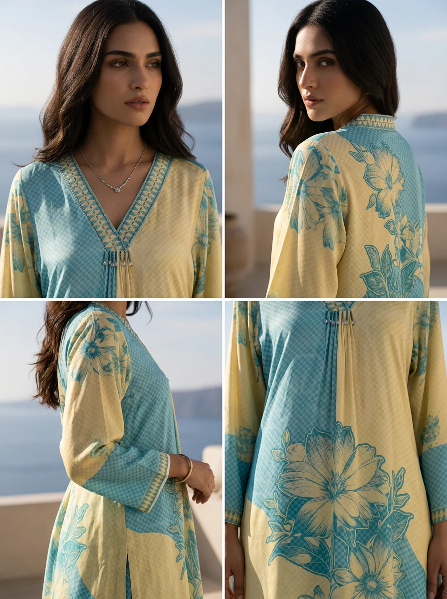 Cream And Sky Blue Beads Embroidered And Floral Printed Crepe Two Piece Set - Image 6