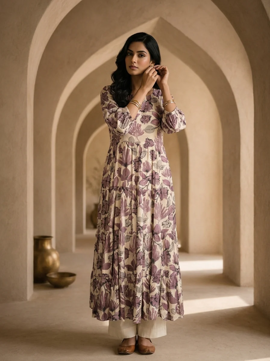 Cream And Wine Printed And Hand Embroidery Long Dress