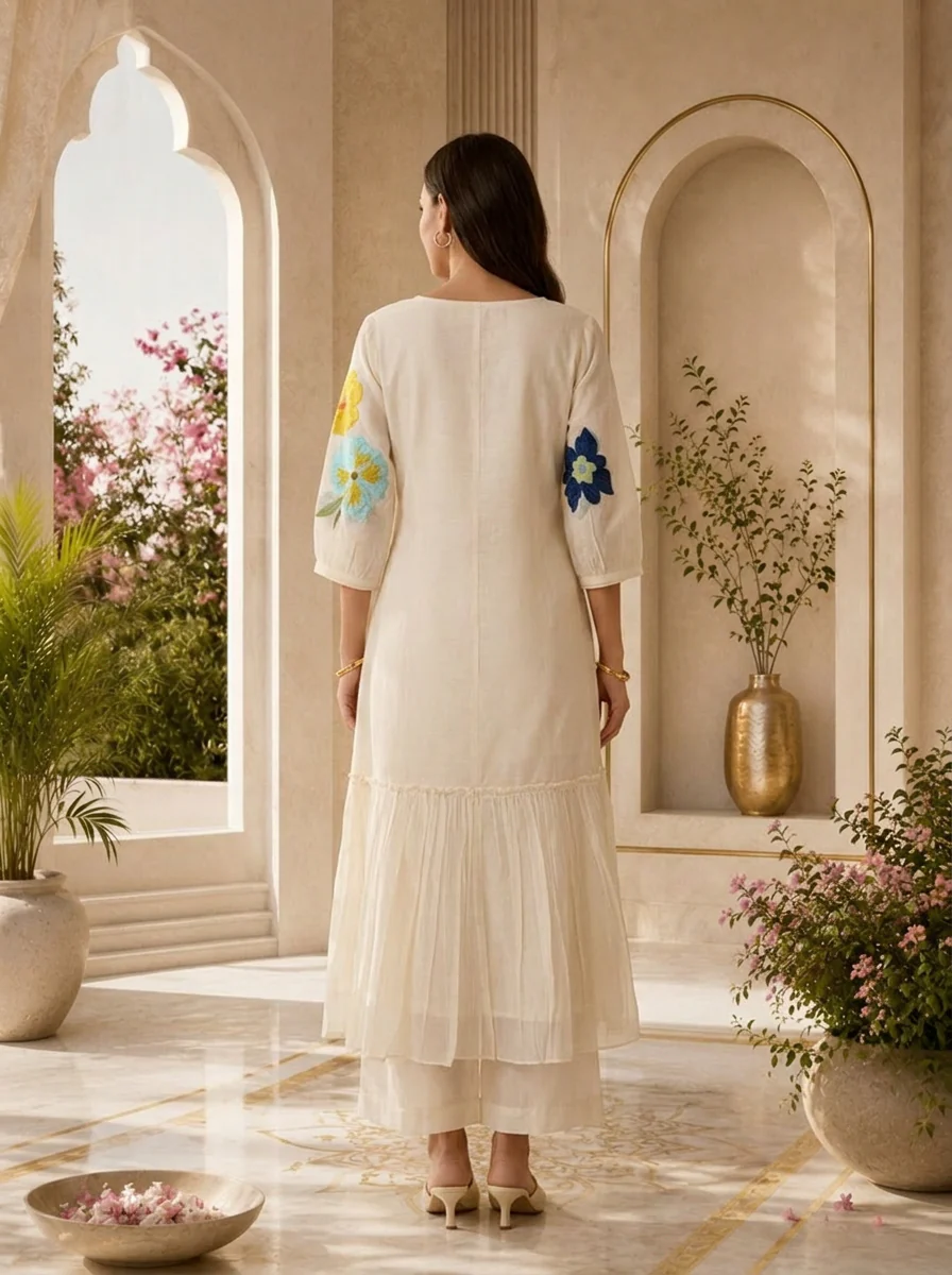 Cream Chanderi Floral Thread Embroidered Long Dress - Image 2