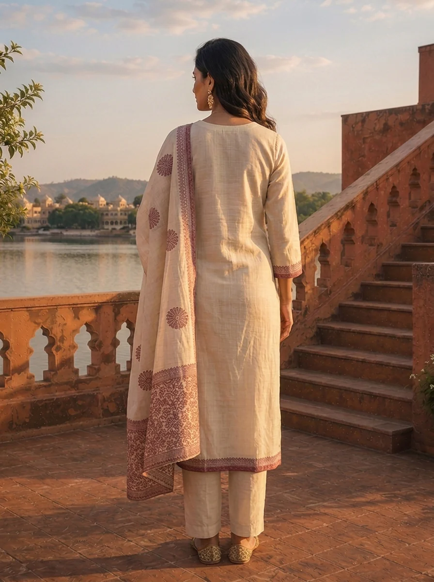 Cream Chanderi Silk Mauve Floral Thread Embroidered Three Piece Set - Image 2