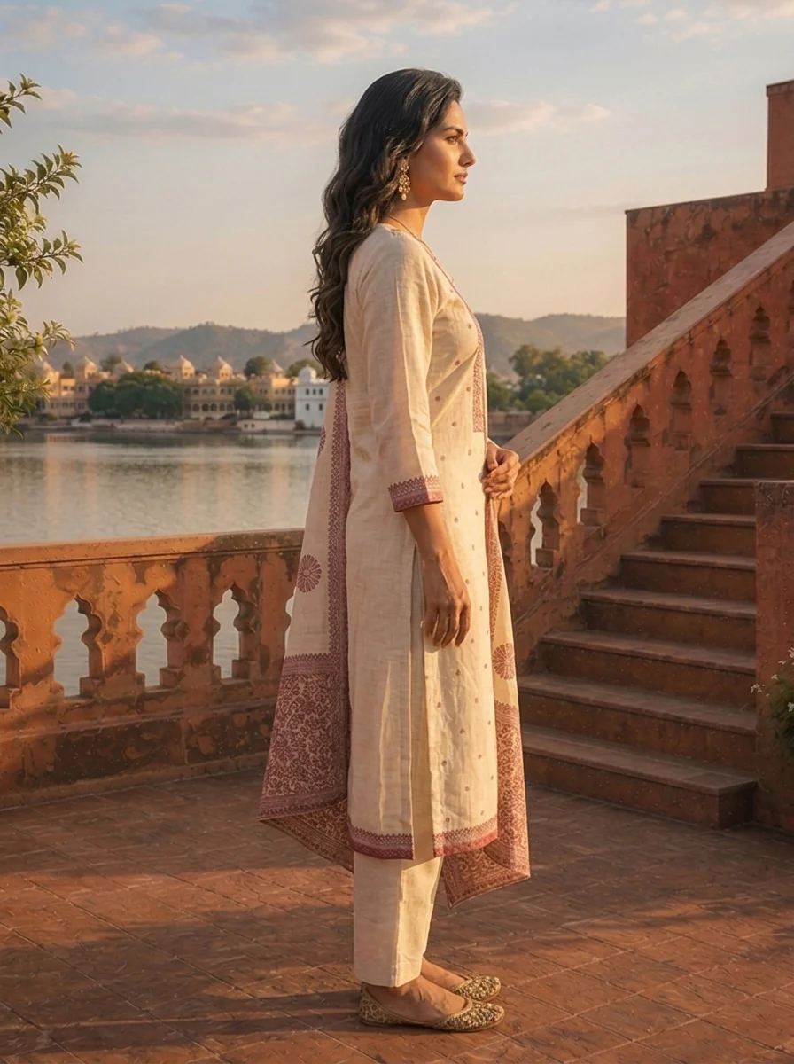 Cream Chanderi Silk Mauve Floral Thread Embroidered Three Piece Set - Image 3
