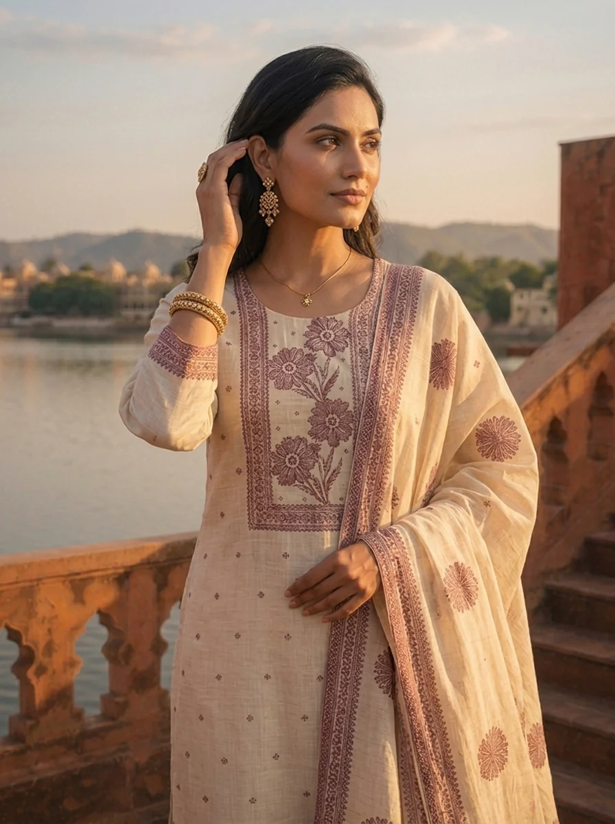 Cream Chanderi Silk Mauve Floral Thread Embroidered Three Piece Set - Image 4