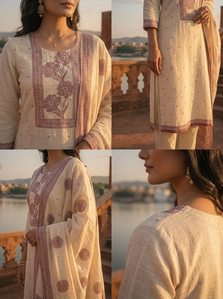 Cream Chanderi Silk Mauve Floral Thread Embroidered Three Piece Set - Image 5