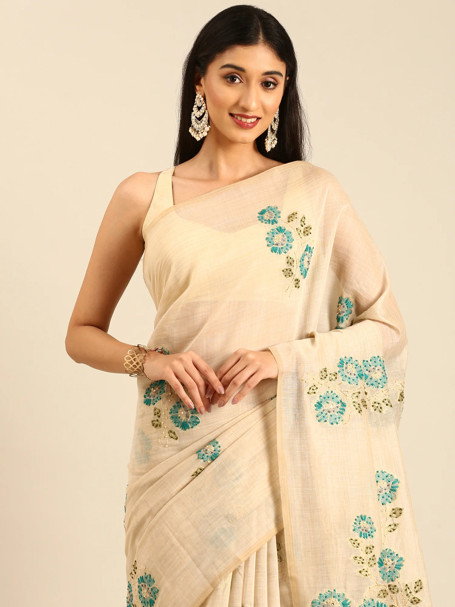 Cream Chanderi Silk Saree With Sequins And French Knot Embroidery - Image 2