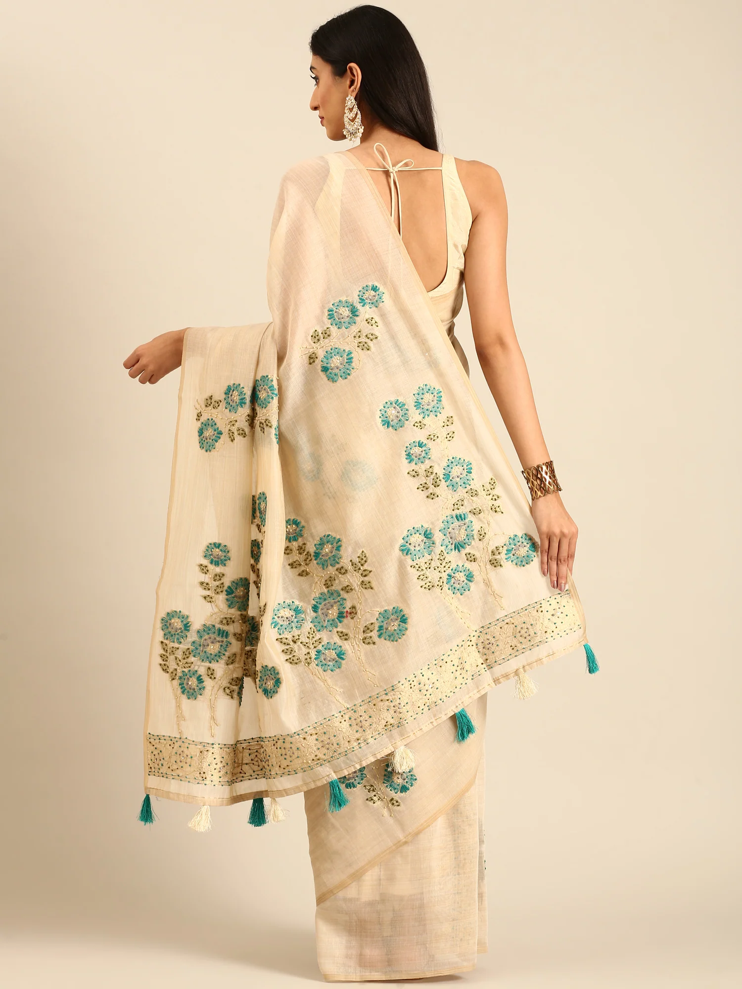 Cream Chanderi Silk Saree With Sequins And French Knot Embroidery - Image 3