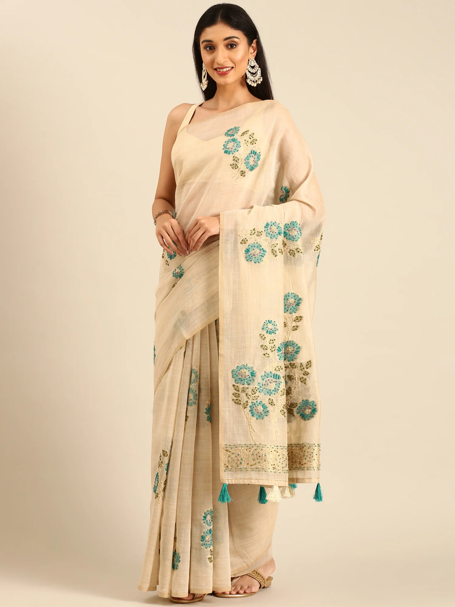Cream Chanderi Silk Saree With Sequins And French Knot Embroidery - Image 4