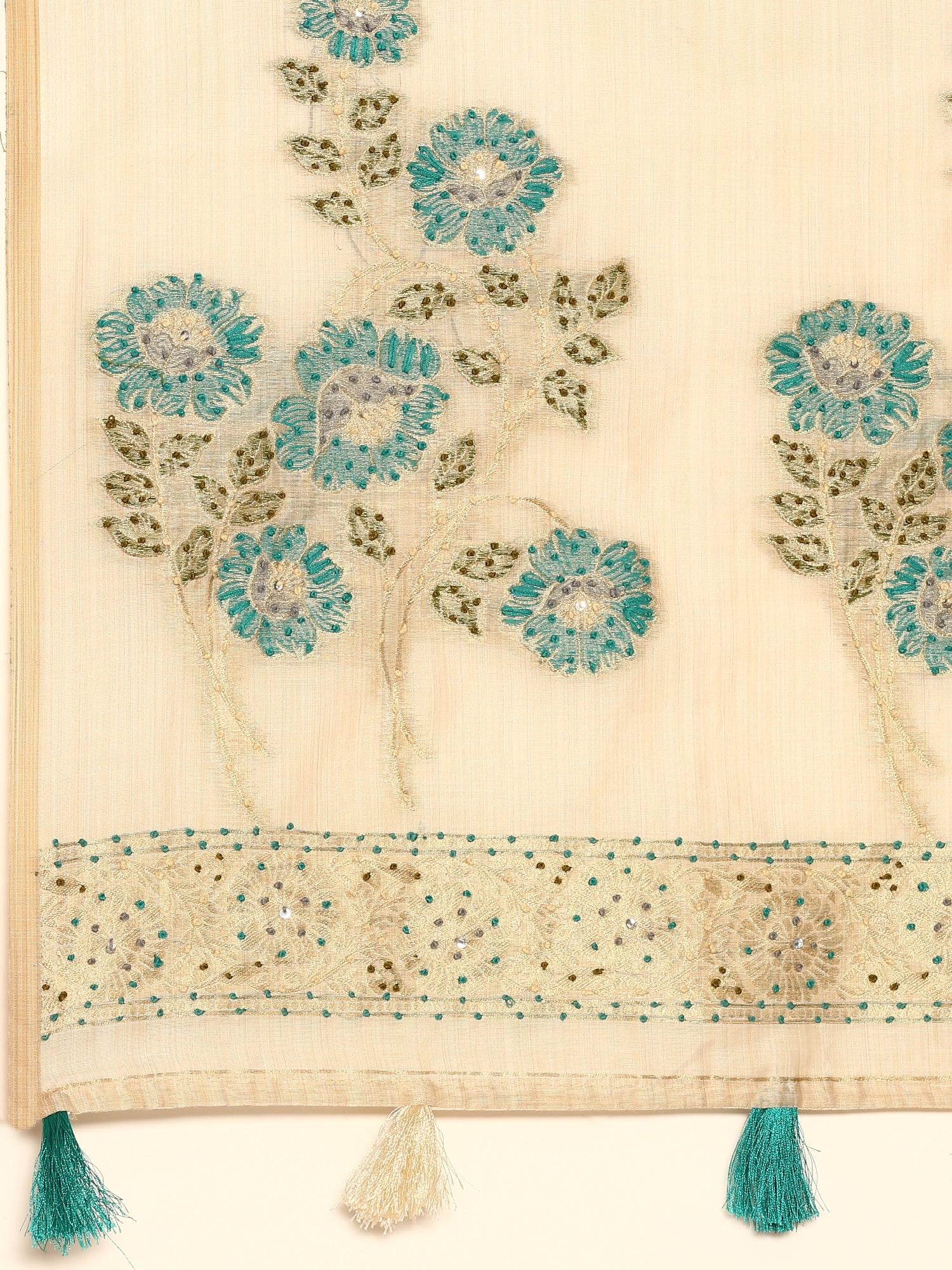 Cream Chanderi Silk Saree With Sequins And French Knot Embroidery - Image 6