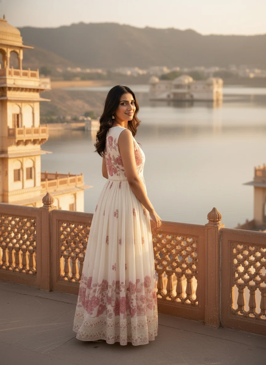 Cream Chiffon Floral Printed Long Dress - Image 5