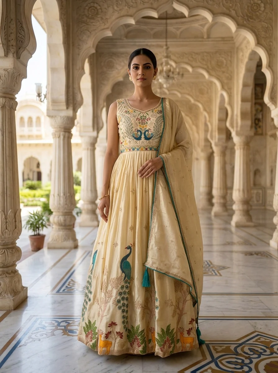 Cream Chinon Thread And Mirror Embroidery Anarkali Set