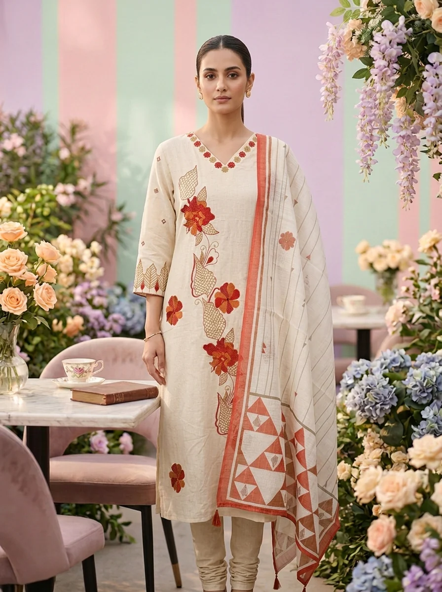 Cream Cotton Embroidery Three Piece Set