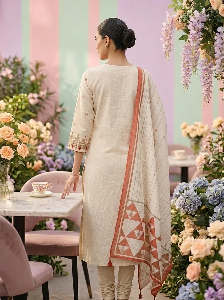 Cream Cotton Embroidery Three Piece Set - Image 2