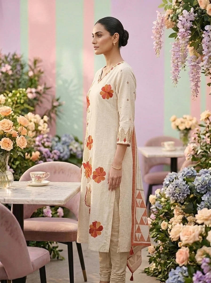 Cream Cotton Embroidery Three Piece Set - Image 3