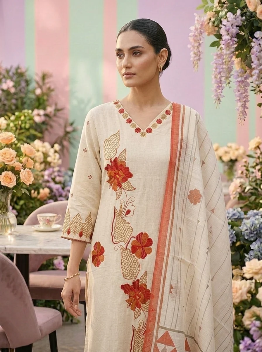 Cream Cotton Embroidery Three Piece Set - Image 4