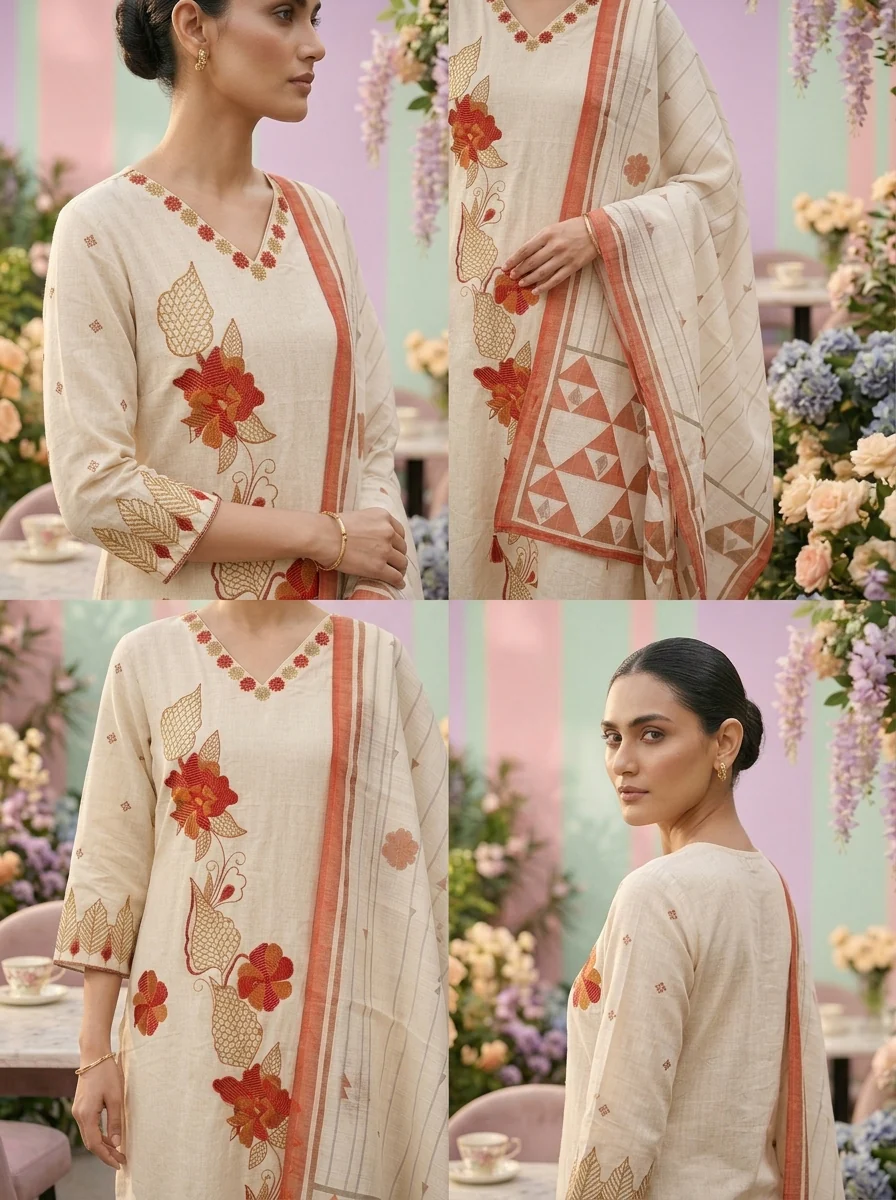 Cream Cotton Embroidery Three Piece Set - Image 5