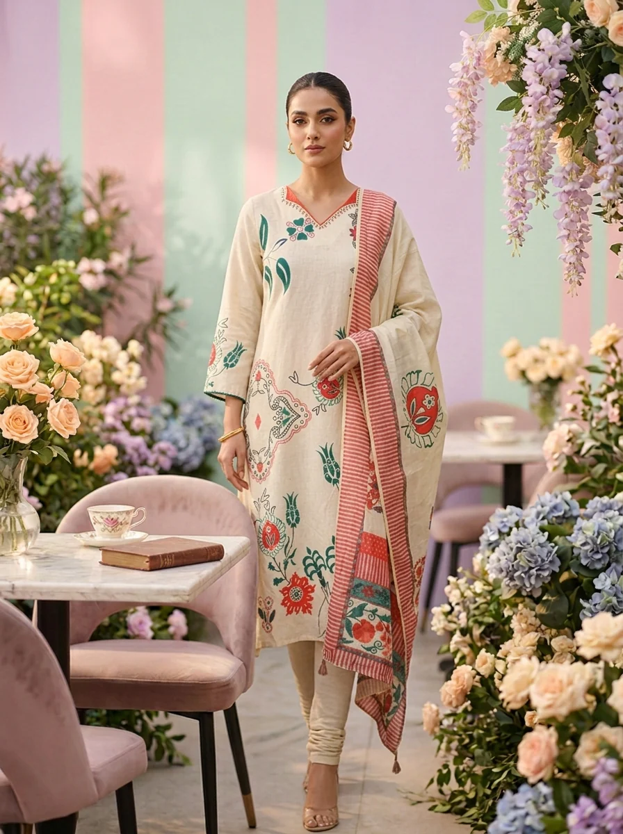 Cream Cotton Floral Printed Three Piece Set