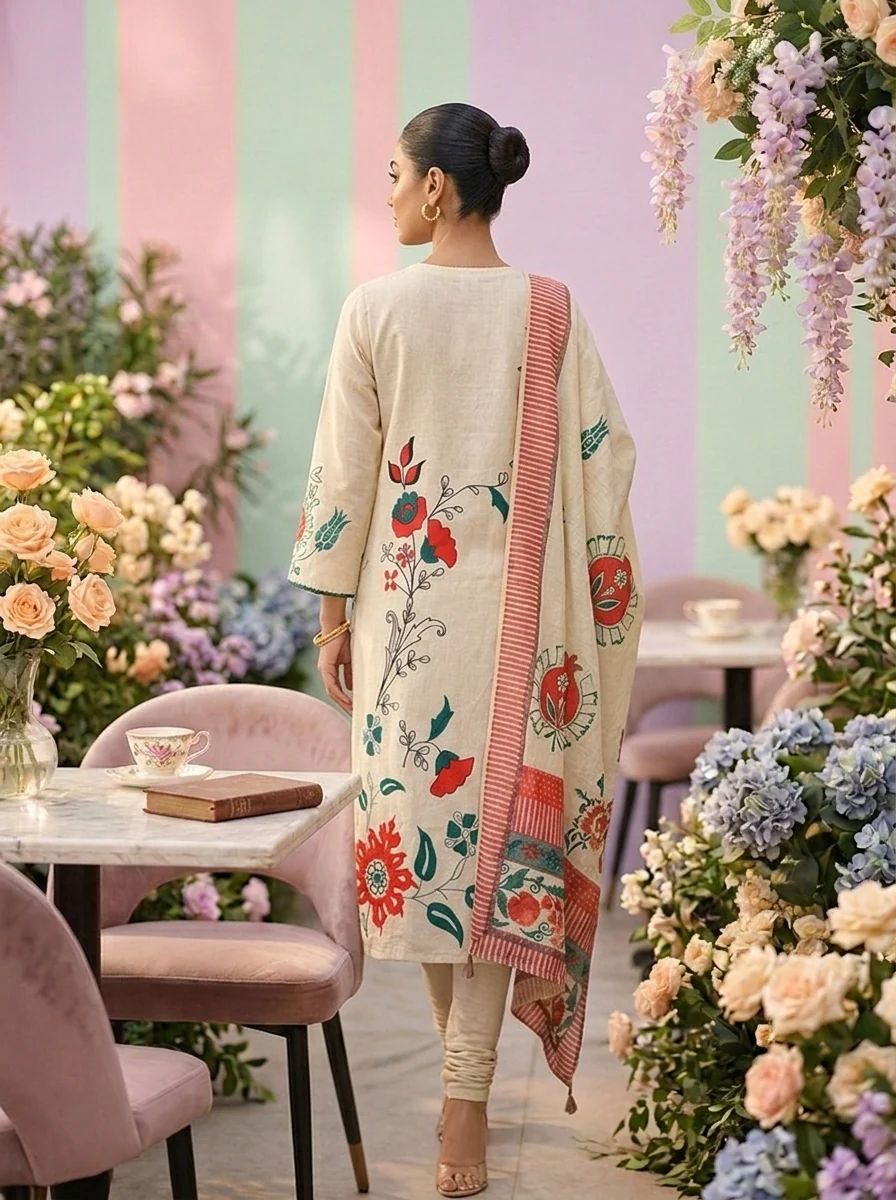 Cream Cotton Floral Printed Three Piece Set - Image 2