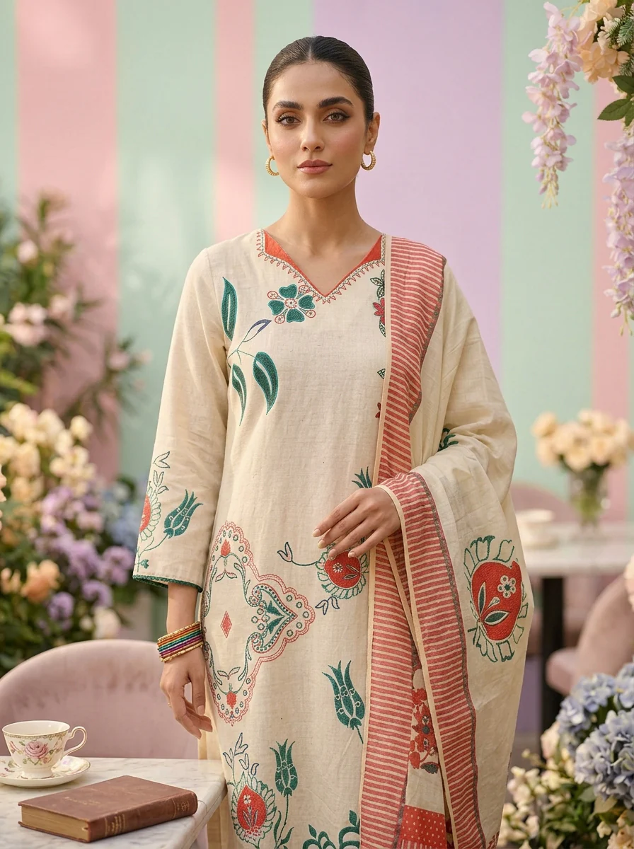 Cream Cotton Floral Printed Three Piece Set - Image 4