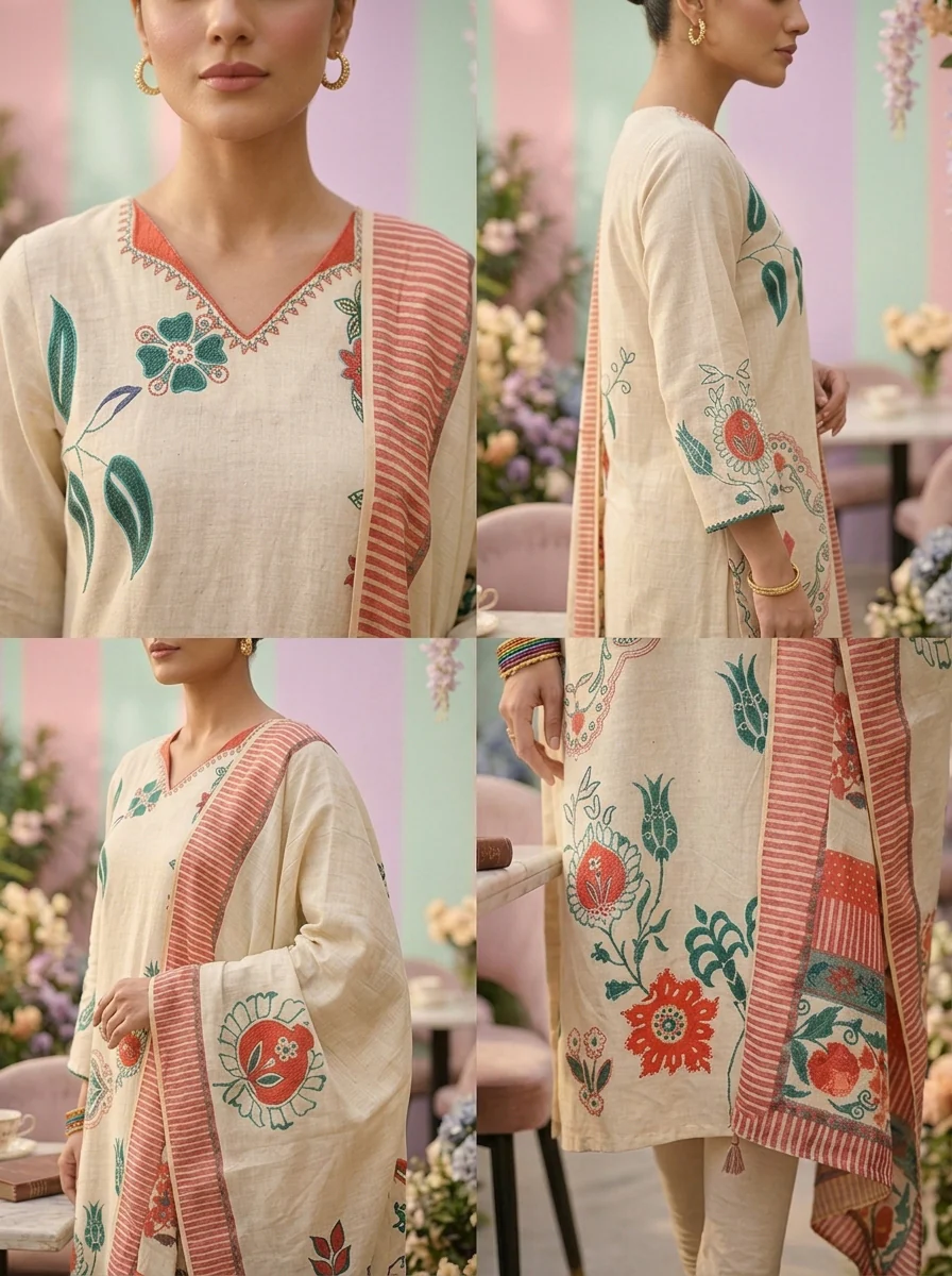 Cream Cotton Floral Printed Three Piece Set - Image 5