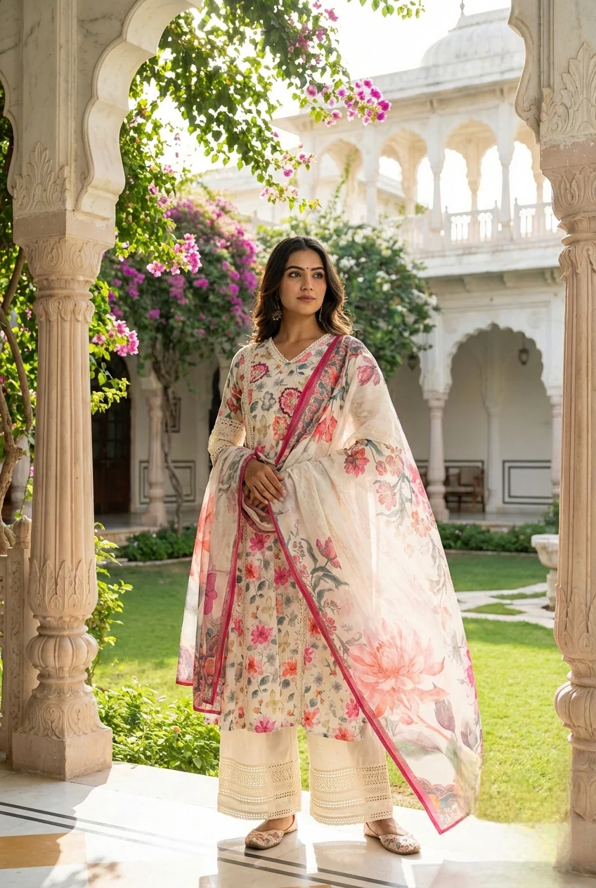 Cream Cotton Floral Printed Three Piece Set