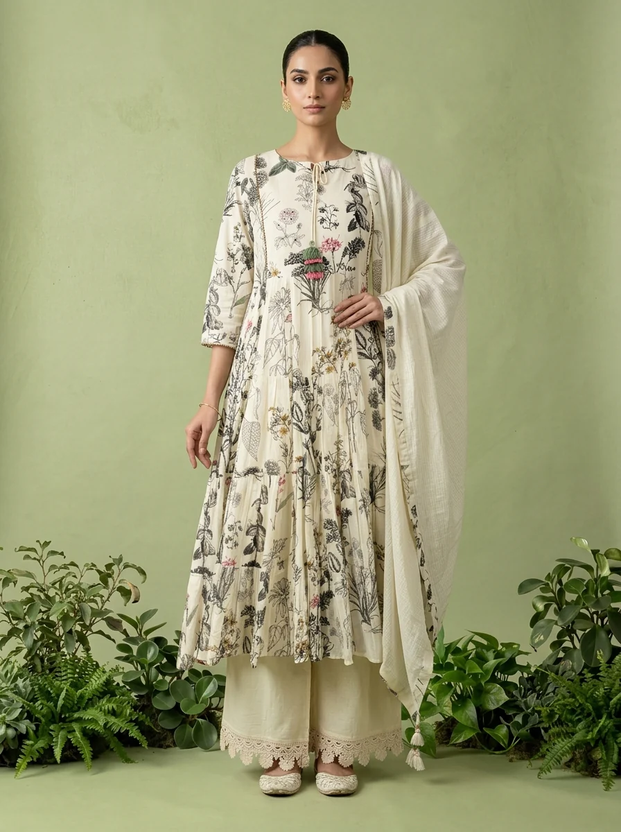 Cream Cotton Floral Printed Three Piece Set - Image 3