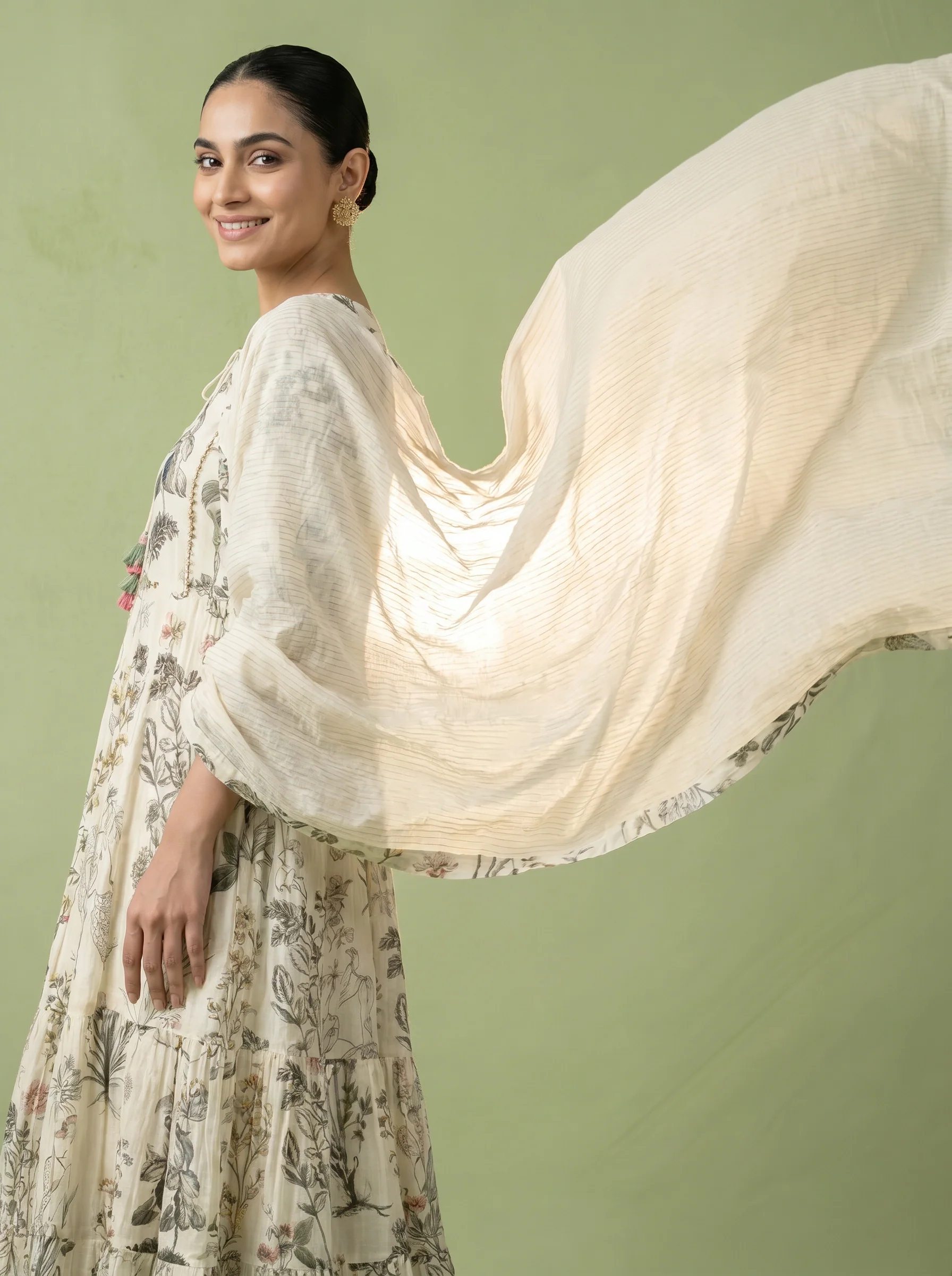 Cream Cotton Floral Printed Three Piece Set - Image 4