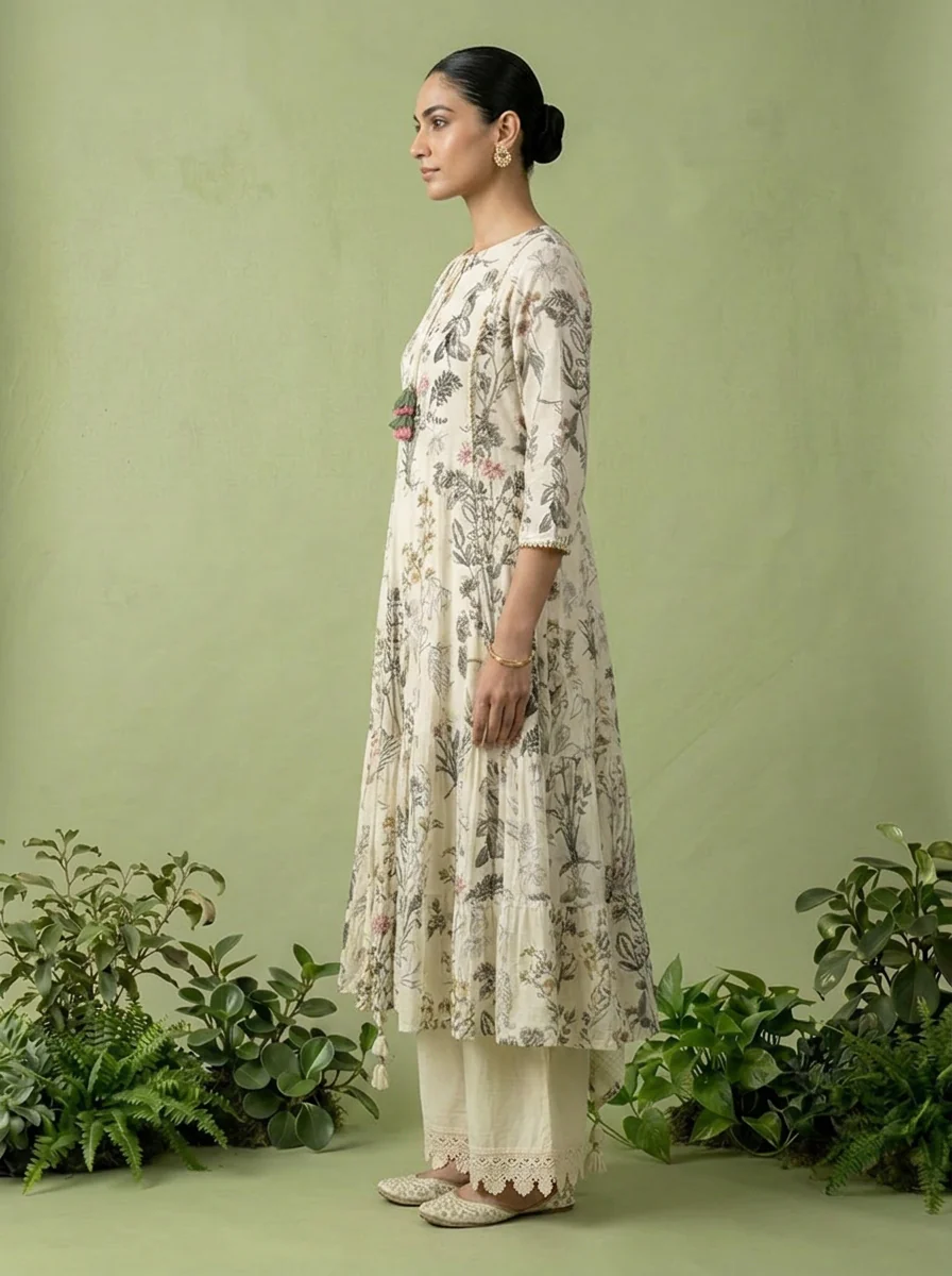 Cream Cotton Floral Printed Three Piece Set - Image 5