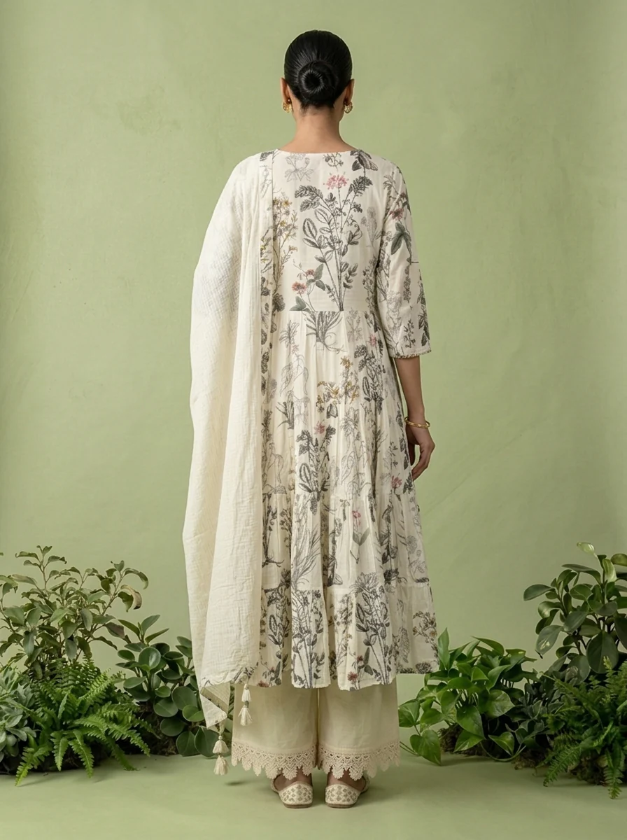 Cream Cotton Floral Printed Three Piece Set - Image 6