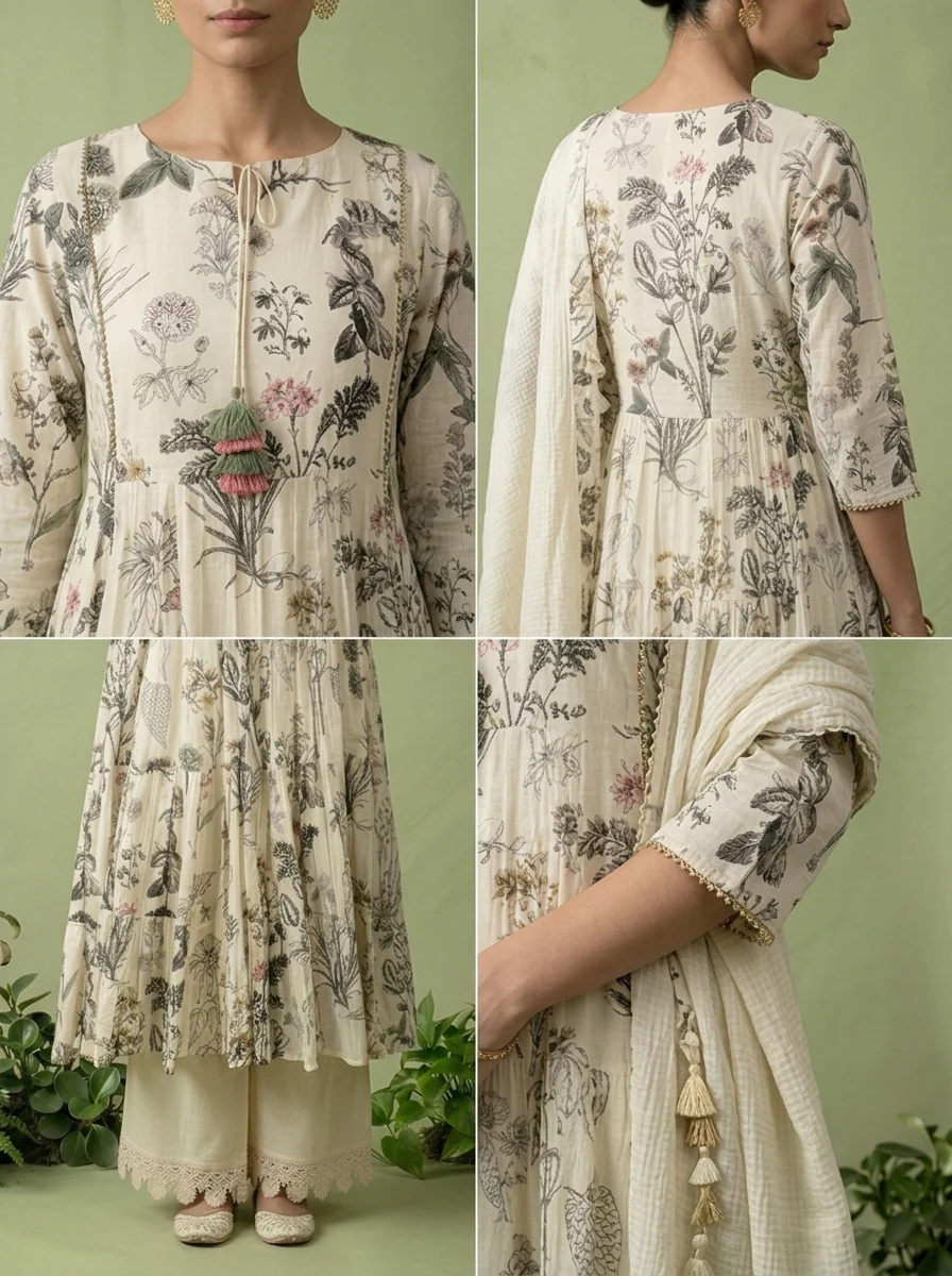 Cream Cotton Floral Printed Three Piece Set - Image 7