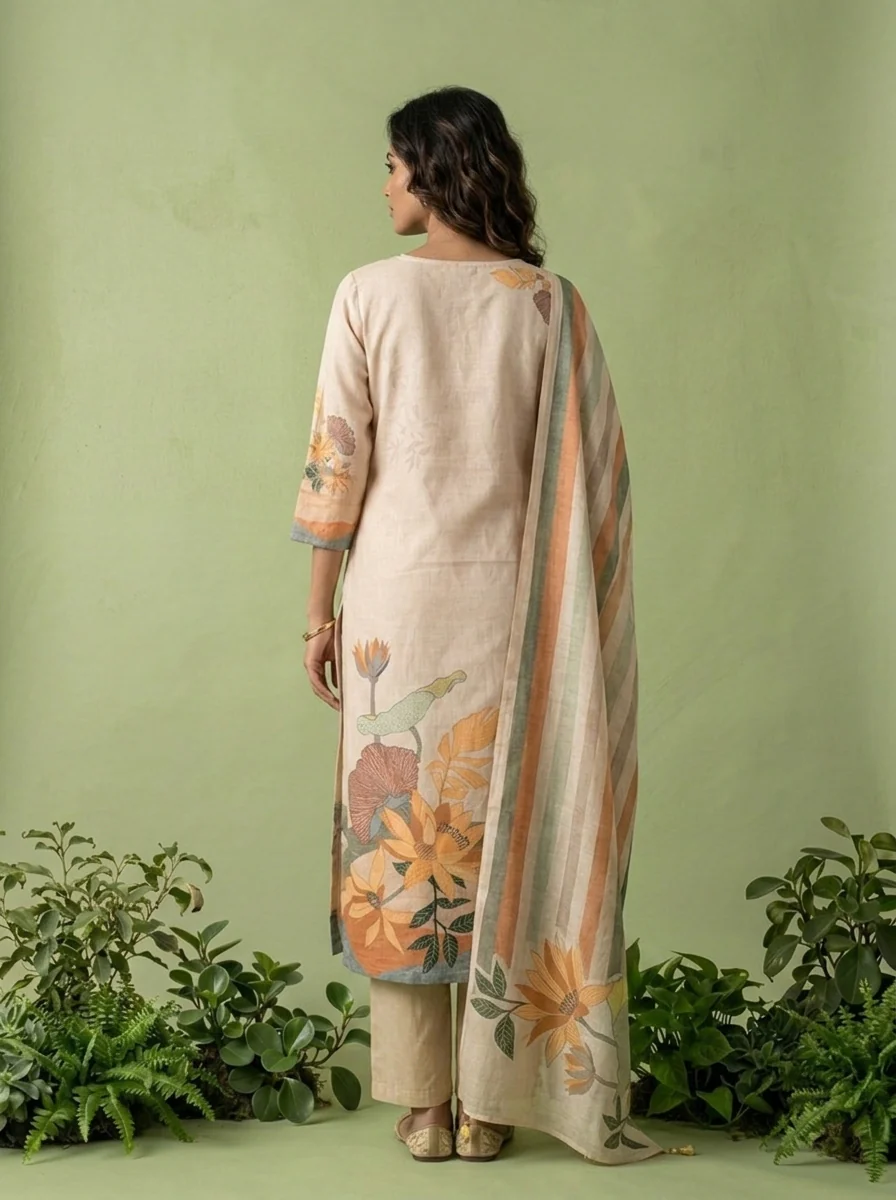 Cream Cotton Floral Printed Three Piece Set - Image 2