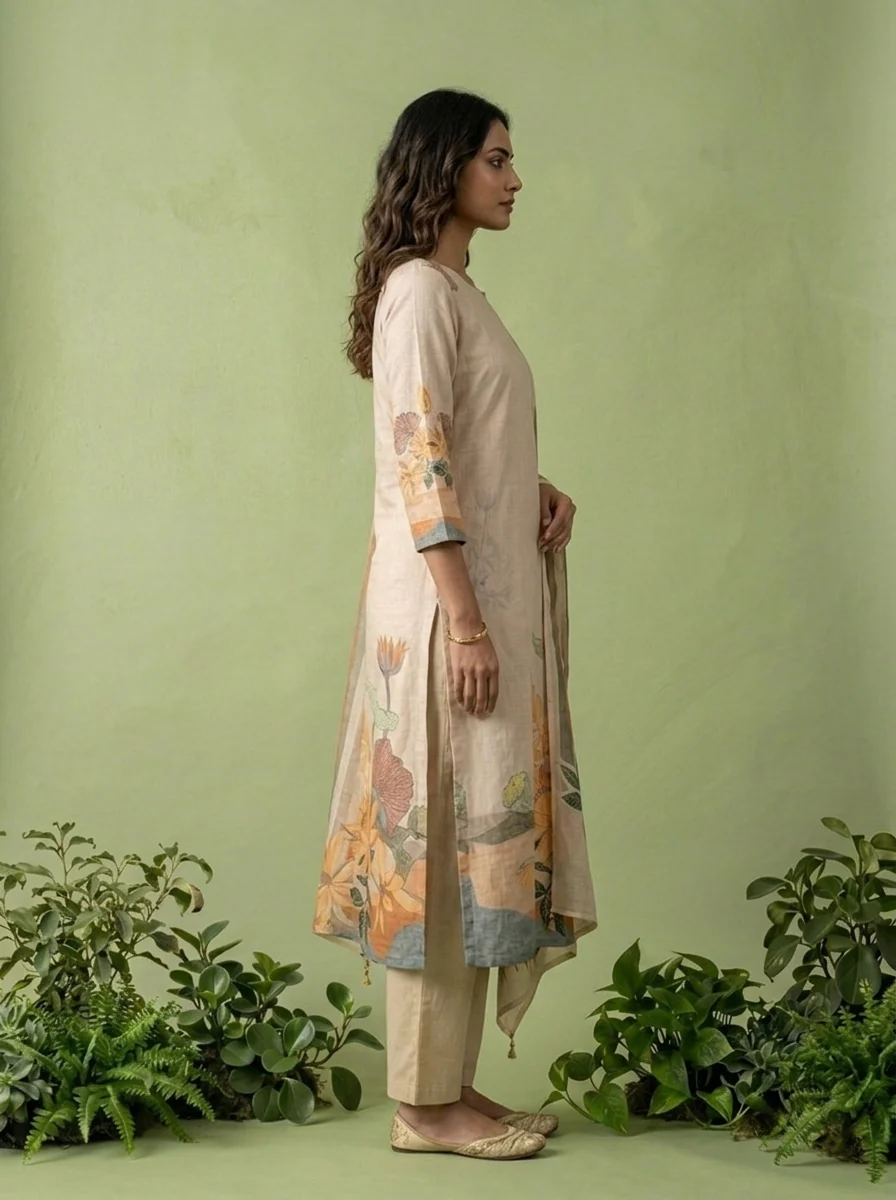 Cream Cotton Floral Printed Three Piece Set - Image 3