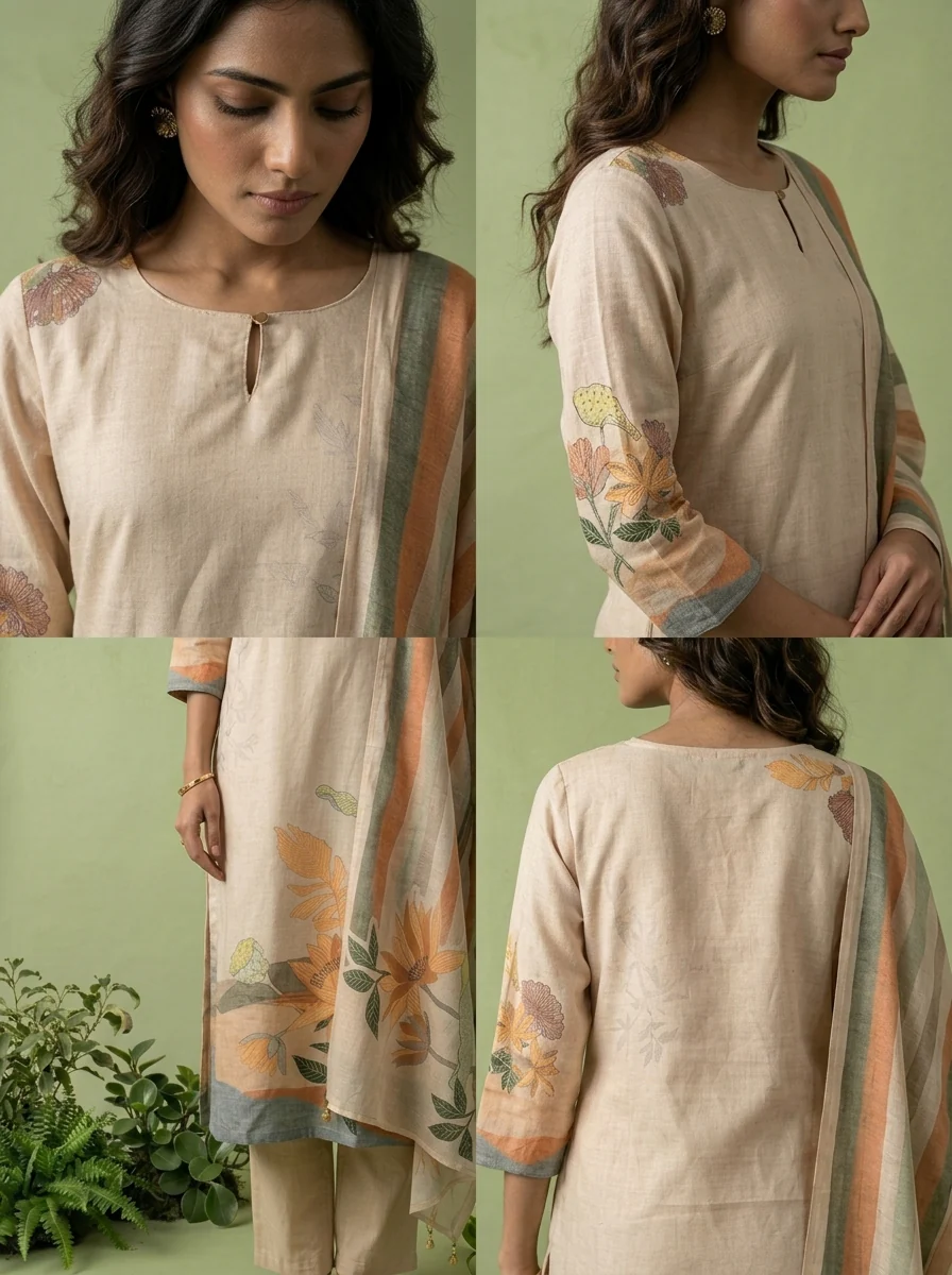 Cream Cotton Floral Printed Three Piece Set - Image 5