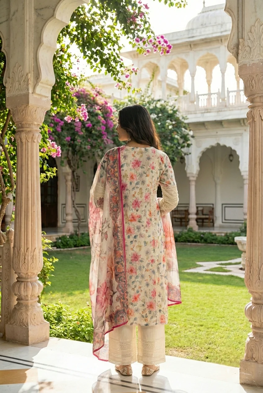 Cream Cotton Floral Printed Three Piece Set - Image 3