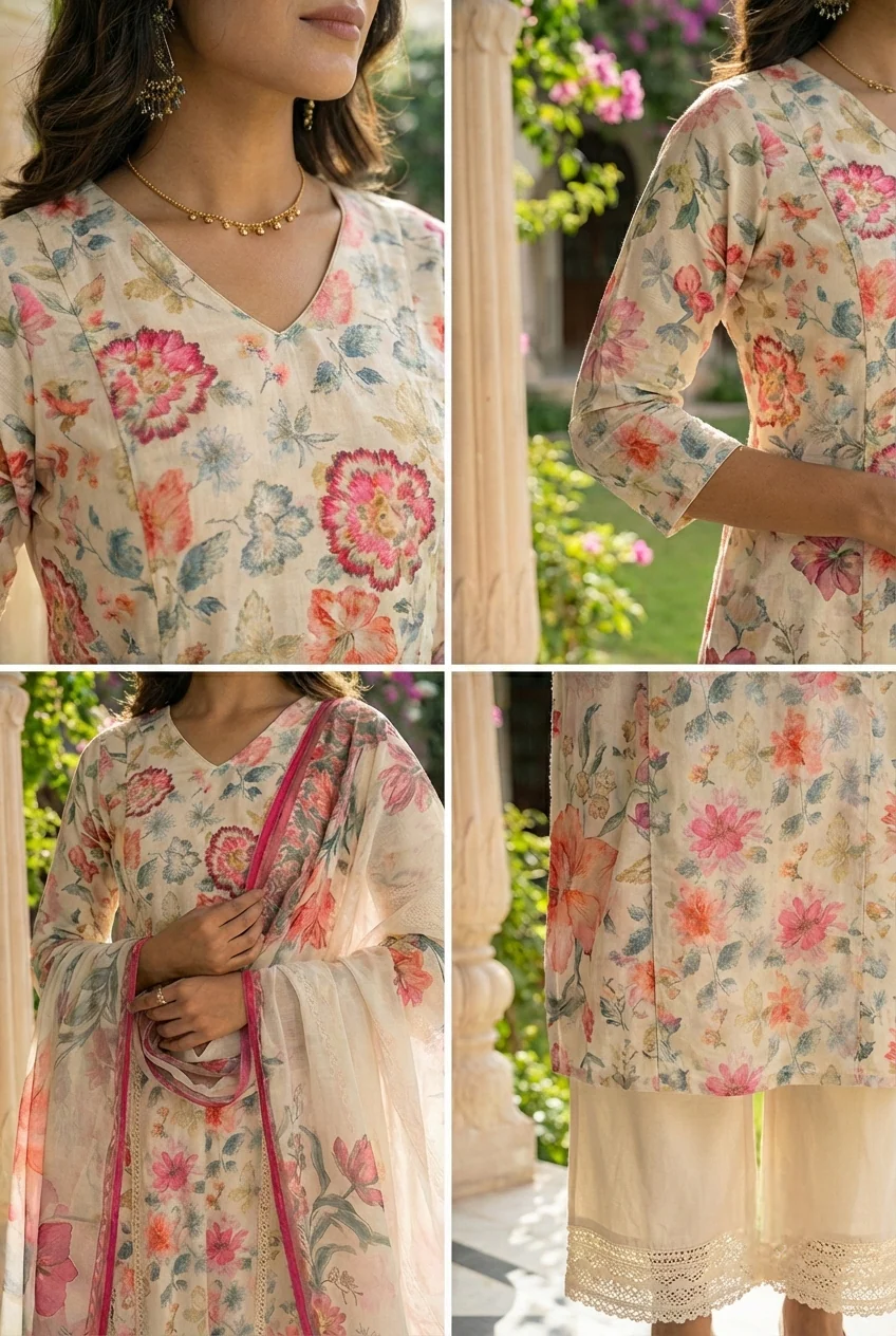 Cream Cotton Floral Printed Three Piece Set - Image 4