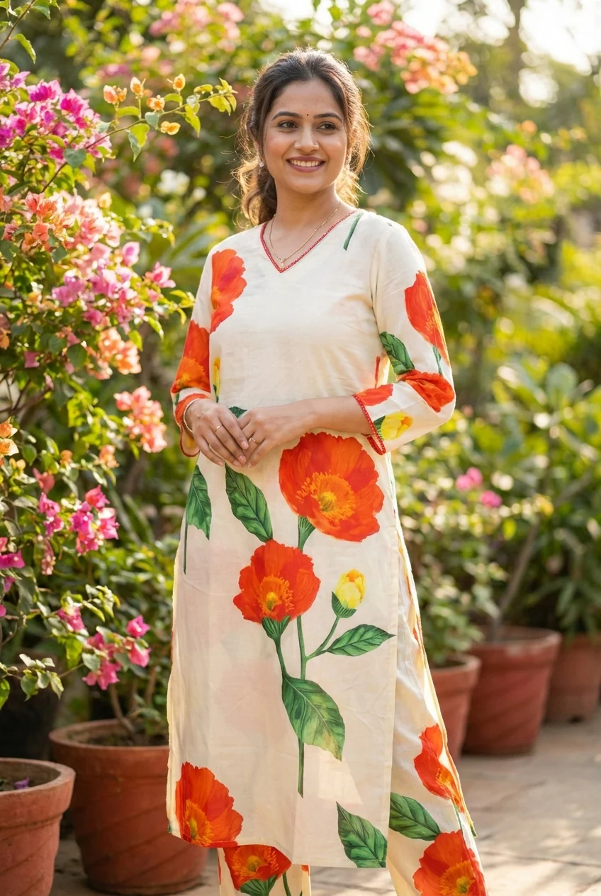 Cream Cotton Floral Printed Two Piece Set - Image 2