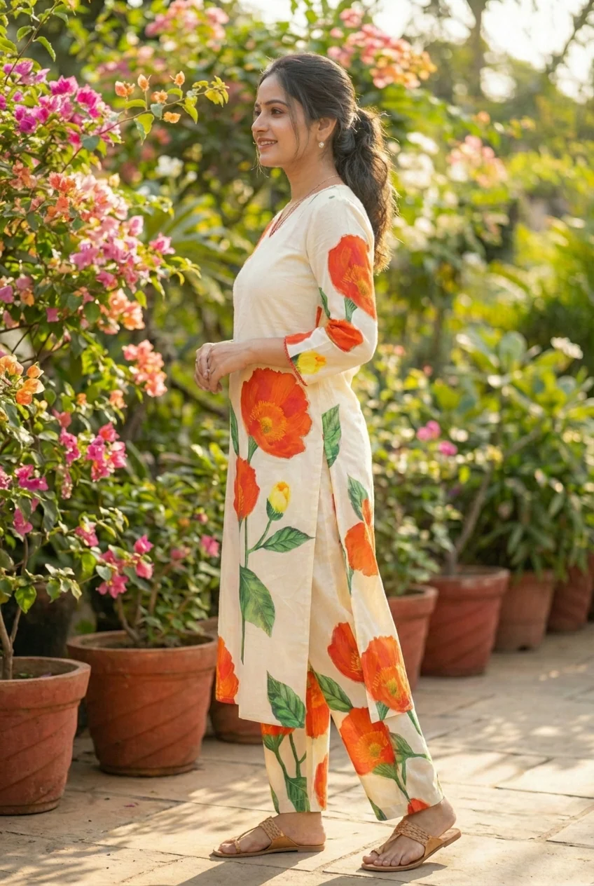 Cream Cotton Floral Printed Two Piece Set - Image 3
