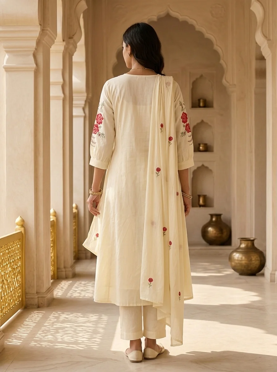 Cream Cotton Pleated Design And Floral Thread Embroidery Three Piece Set - Image 2