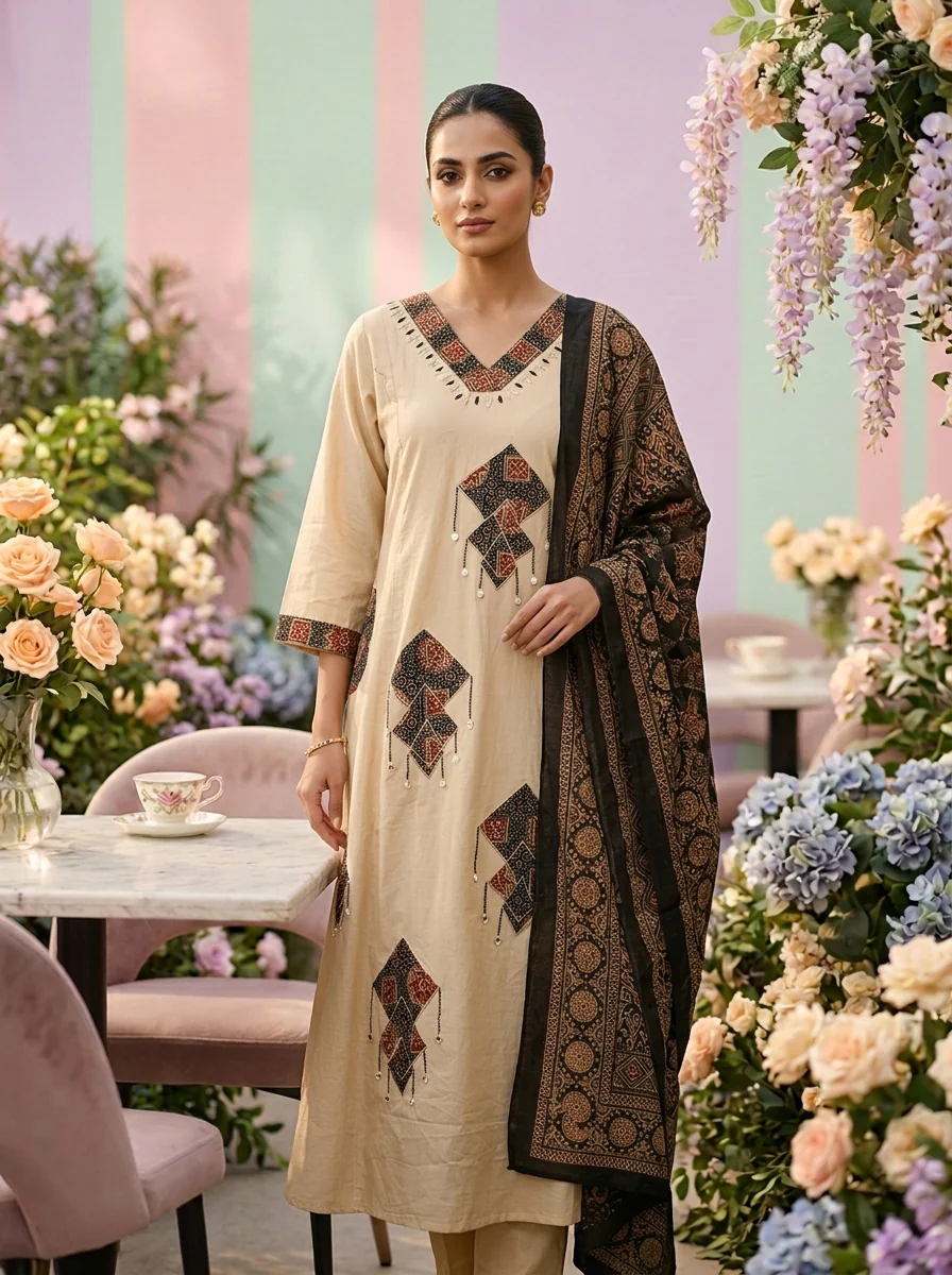 Cream Cotton Printed Three Piece Set
