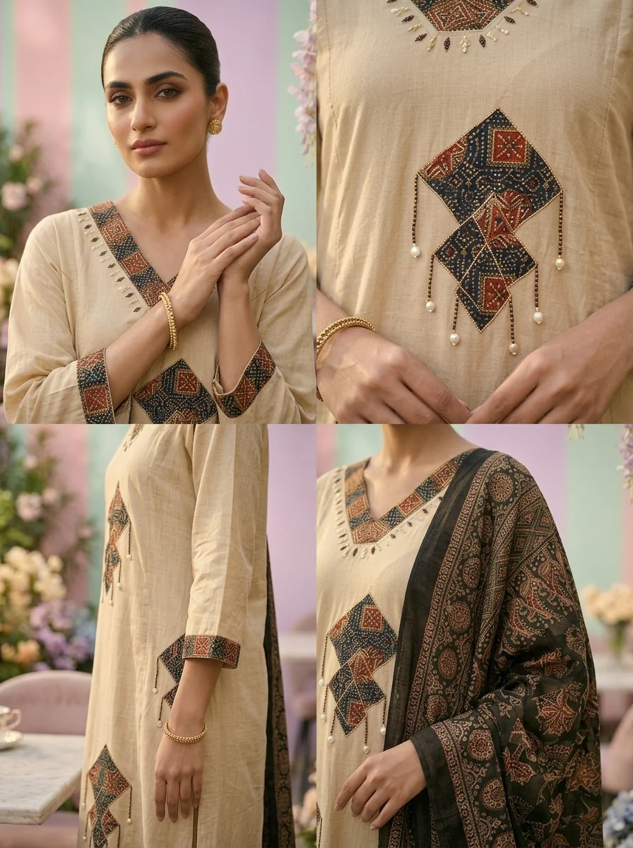 Cream Cotton Printed Three Piece Set - Image 5