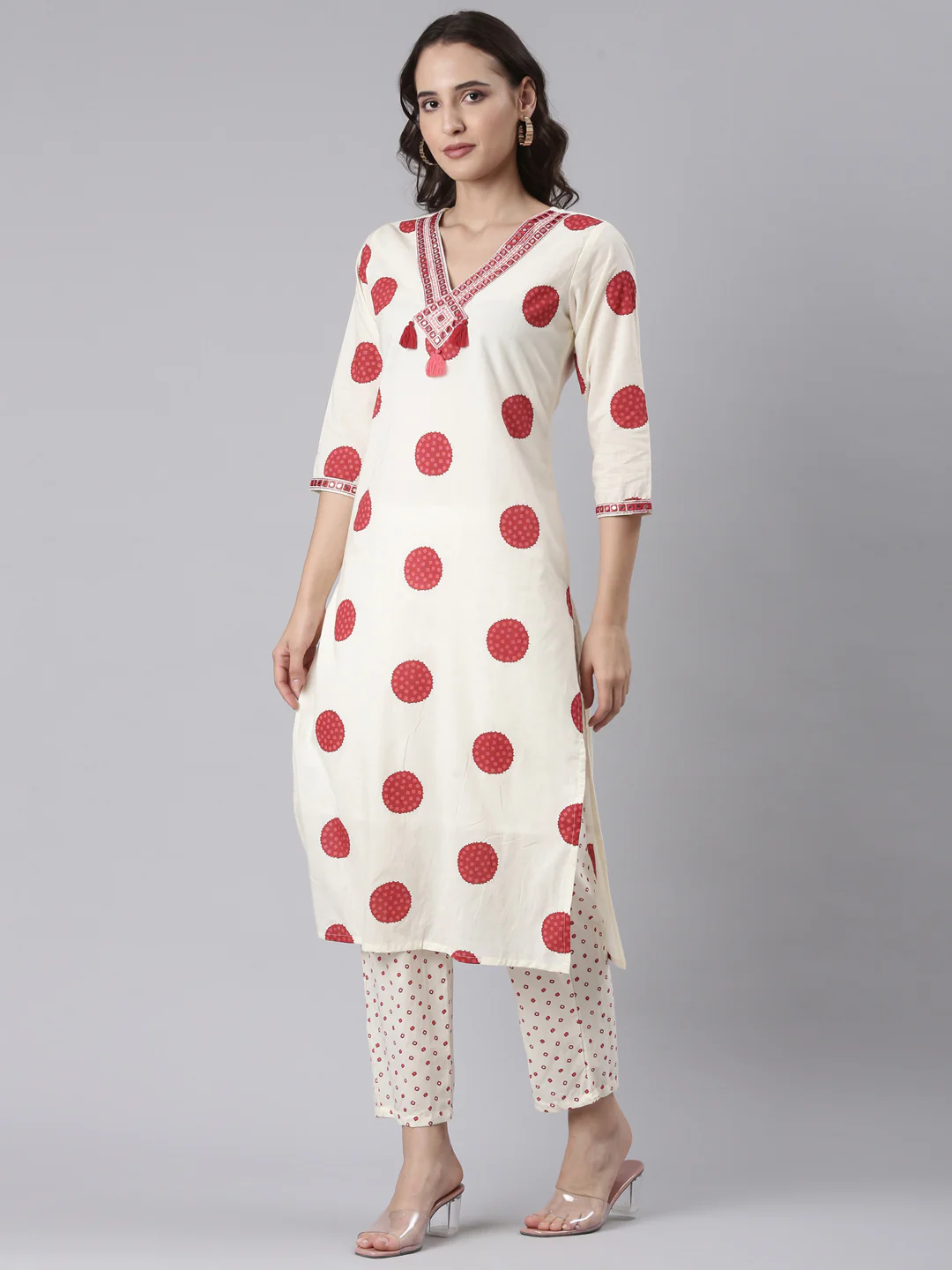 Cream Cotton Printed Three Piece Set - Image 2