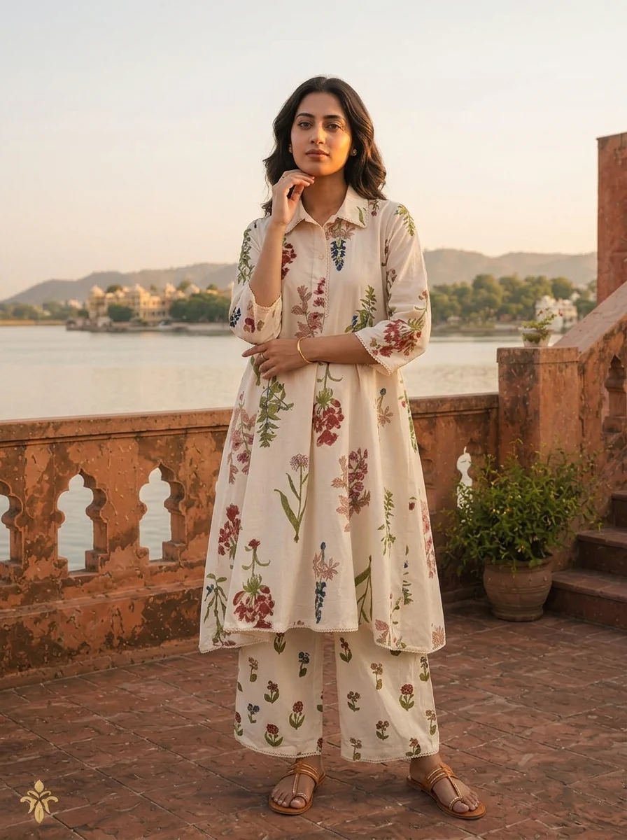 Cream Cotton Scattered Wildflower Motifs Printed Co-ord Set - Image 2