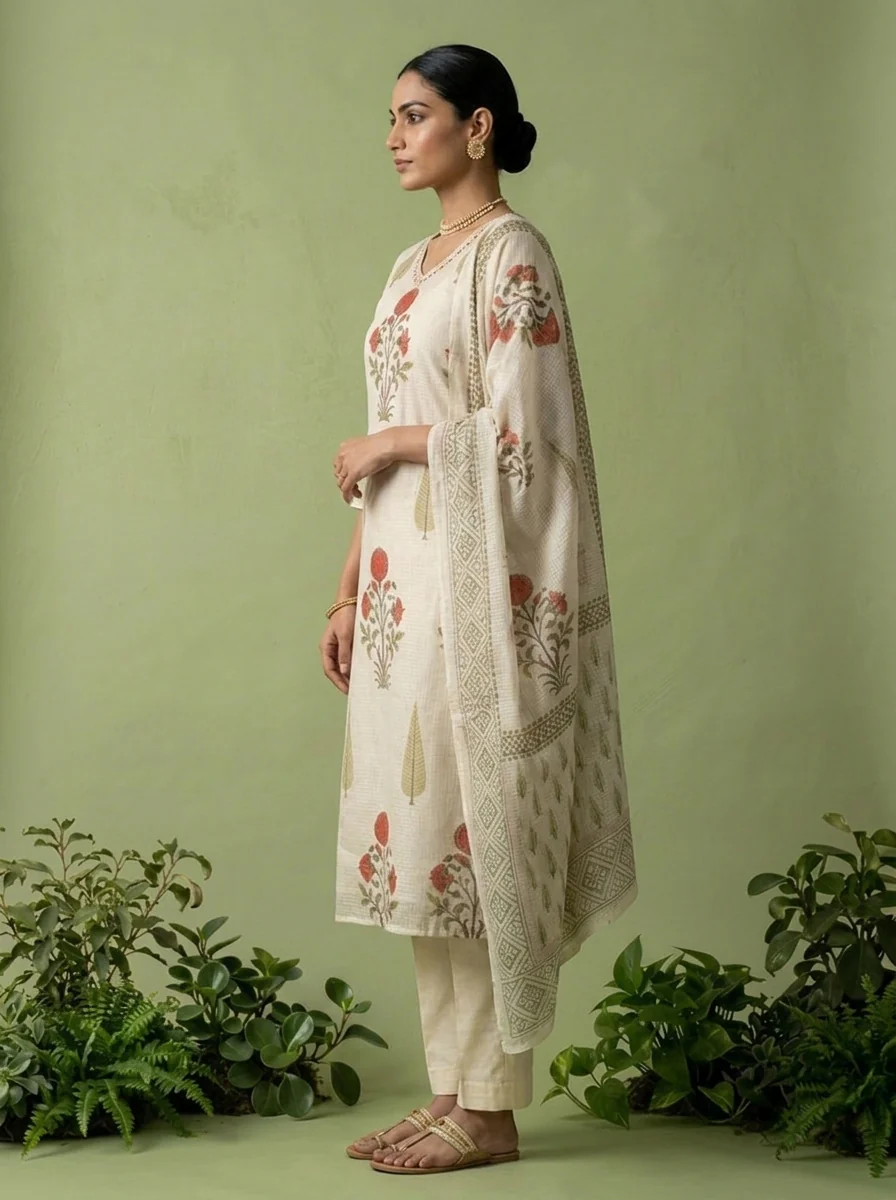 Cream Cotton Stone Embroidery And Floral Printed Three Piece Set - Image 3